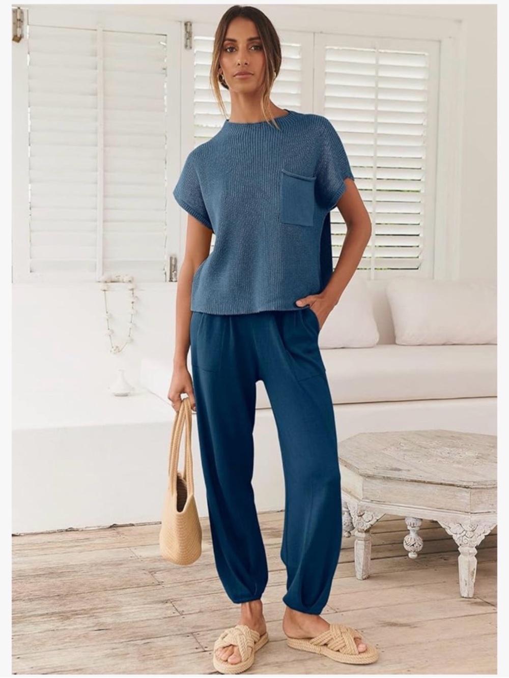 Anrabess Two Piece Knit Set | Sweater Top + Jogger Pants | Steel Blue | Medium